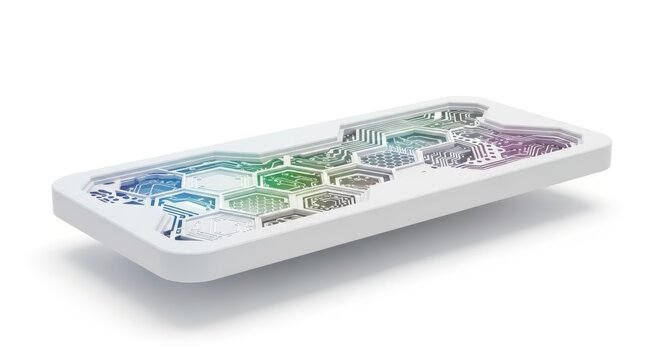 A white rectangular tray filled with various colorful crystals on isolated white background