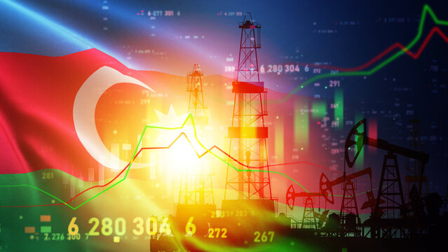 A high-tech conceptual illustration featuring silhouettes of oil derricks and pumpjacks overlaid with dynamic financial data with the background image of Azerbaijan flag