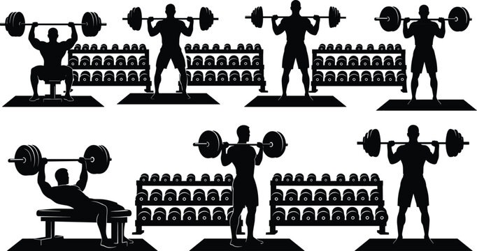 Barbell strength training workout silhouettes set including bench press, squat and shoulder press exercises in professional gym environment