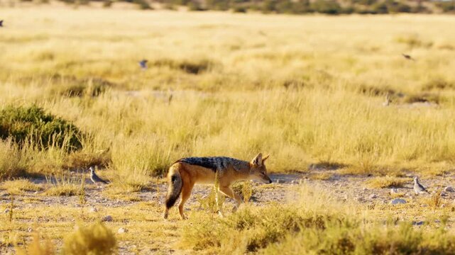 Slow motion footage of a cunning jackal trying to catch a bird in Savanah of Botswana Africa.