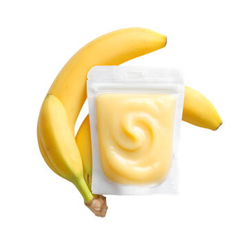 Delicious creamy banana baby food puree packaged in a convenient resealable pouch on transparent background