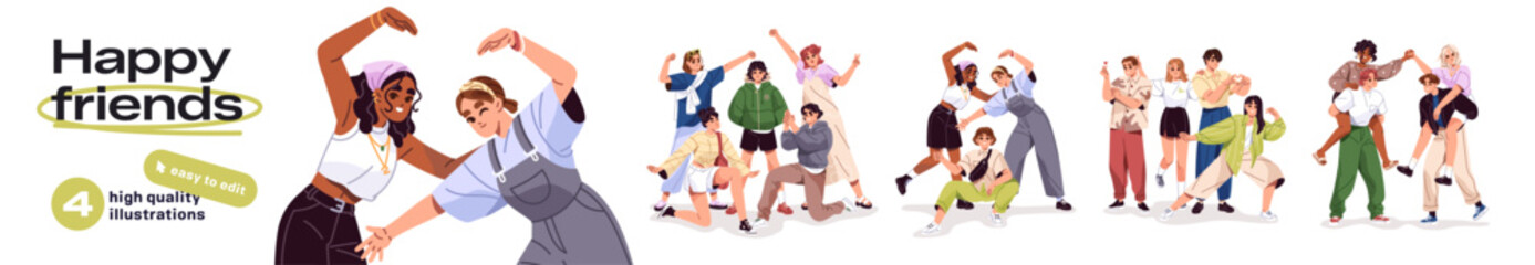 Groups of happy friends set. People are hand gesturing and rejoicing at success. Teams have fun together. Girls and boys celebrate winning. Flat isolated vector illustration on white background