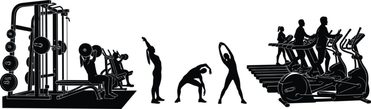 Gym workout silhouette collection with weight training equipment, stretching exercises, cardio machines, fitness training activity illustration