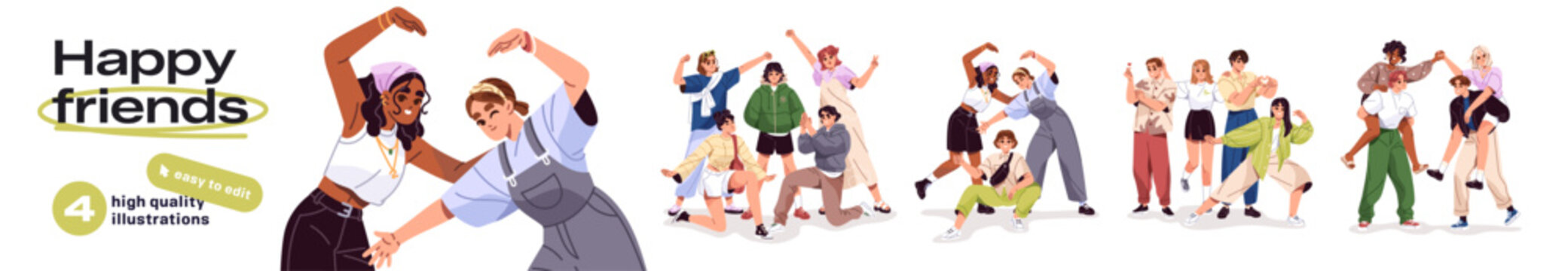 Groups of happy friends set. People are hand gesturing and rejoicing at success. Teams have fun together. Girls and boys celebrate winning. Flat isolated vector illustration on white background