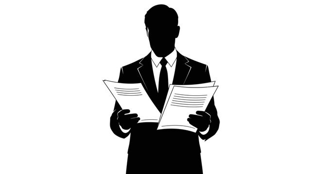 Silhouette of a businessman in a suit holding documents, reading papers, black and white