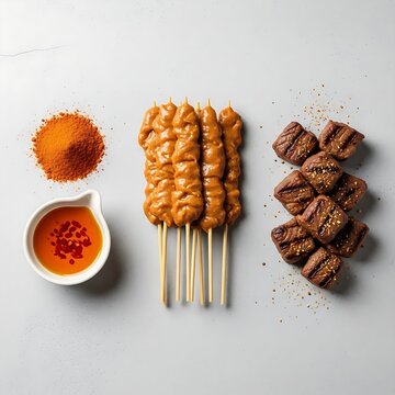 Top view of beef kebabs on skewers, grilled meat cubes, peanut spice rub, and spicy oil in a small bowl.