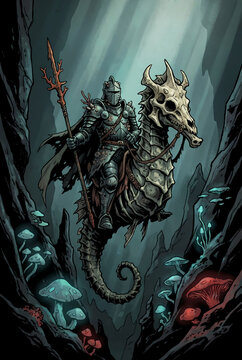 Dark Fantasy Underwater Knight Riding Skeletal Seahorse in Deep Sea Abyss Illustration