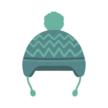 Teal blue winter earflap hat with pom pom and zigzag pattern. Cozy knitted chullo hat with tassels vector illustration