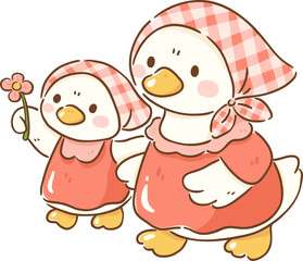 Fototapeta premium Cute cartoon geese wearing matching dresses and headscarves, one holding flower, exuding cheerful and playful vibe