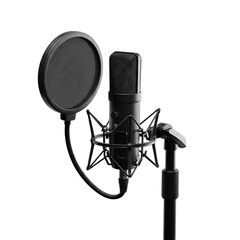 Close-up view of a professional microphone with a pop filter attached