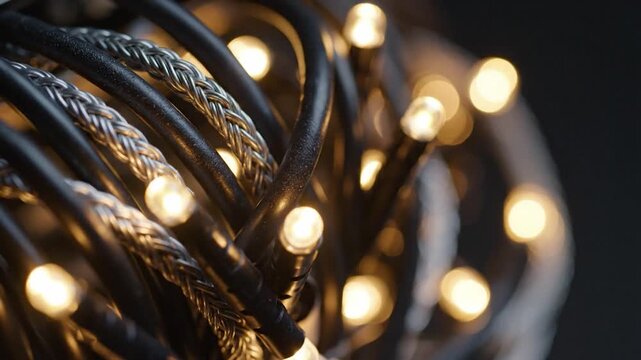 Intertwined glowing cables and braided wires with soft bokeh lights