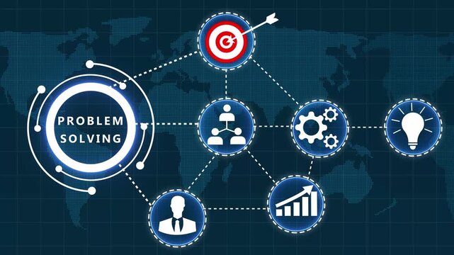 Global Problem Solving Concept with Connected for Strategy Goals People and Innovation on a Dotted Map Background