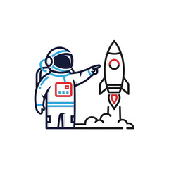 Fototapeta premium A cartoon astronaut in a spacesuit pointing at a launching rocket, symbolizing space exploration and innovation.