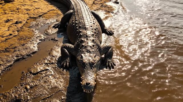 Gharial Crocodile Basking on Riverbank Near Water