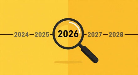 Magnifying glass focuses on the year 2026 amidst a timeline of future years.