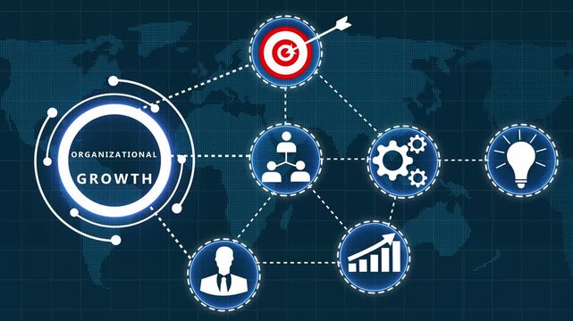 Organizational growth concept with interconnected for strategy goals teamwork innovation and progress on a digital map background
