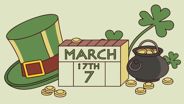 St. Patrick's Day Celebration: Festive scene celebrating St. Patrick's Day with iconic symbols, including a leprechaun hat, calendar marked for the occasion, shamrocks, and a pot of gold.