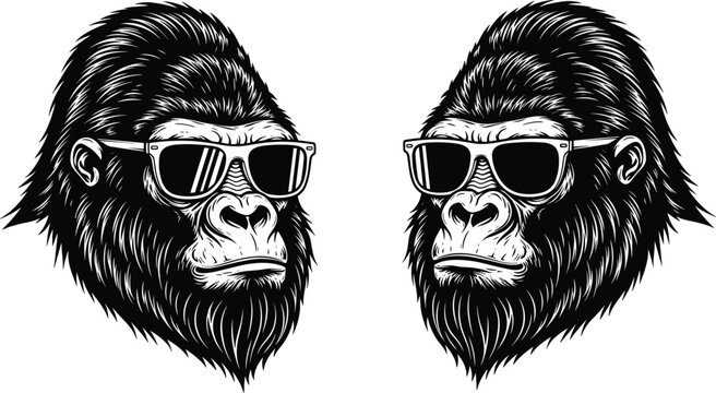 Hand Drawn Vintage Woodcut Style Illustration of Two Gorilla Heads Wearing Sunglasses, Cool Monkey Primate Portraits Isolated on White Background