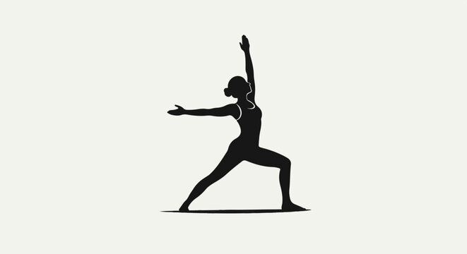 Black silhouette of a woman in a dynamic yoga warrior pose, symbolizing strength and balance on a plain background