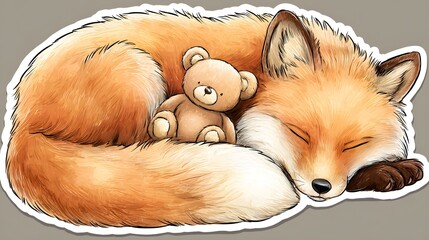 Obraz premium Cute Sleeping Fox Curled Up With Teddy Bear Illustration.