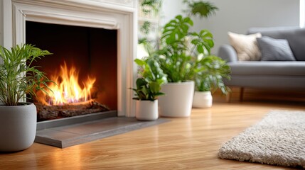 Fototapeta premium Fireplace creates warmth in a cozy living room with sofa in blurred background. Space offers room for text and design ideas
