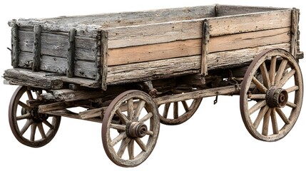 Fototapeta premium Old Wooden Wagon with Large Wheels on White Background.