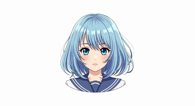Anime-style girl with light blue bob hair, big blue eyes, rosy cheeks, wearing a navy school uniform