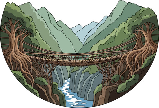 An intricate living root bridge crosses a river gorge, flanked by towering trees and lush green mountains