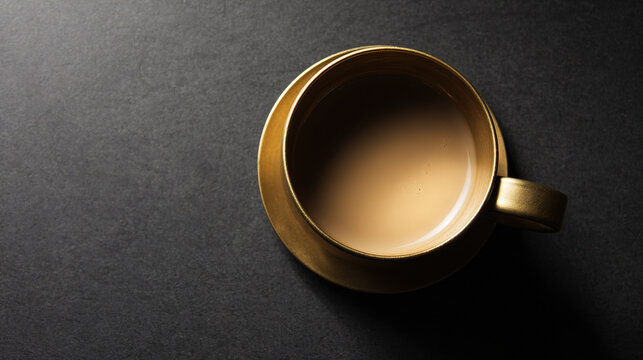 topdown. Minimalist coffee cup on a sleek gold-black surface, embodying simplicity and modern design. bar promotions, beverage menus, designed for product packaging and bar promotions.
