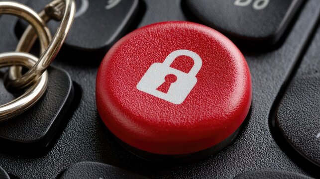 Close-up view of red button featuring a padlock icon on a black keyboard showing online security focus in modern technology