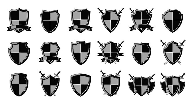 Medieval Shields and Swords Icons Set, Heraldic Emblems, Vector Graphics