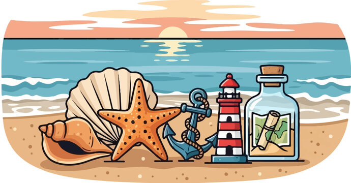A colorful pixel-art style beach scene at sunset with seashells, starfish, anchor, lighthouse, and message bottle