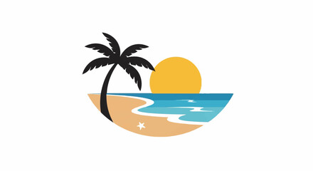 Fototapeta premium Stylized tropical beach scene with a palm tree, ocean waves, sandy shore, starfish, and a bright sun