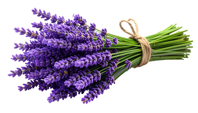 A close-up of a bundle of vibrant purple lavender flowers tied with twine against black
