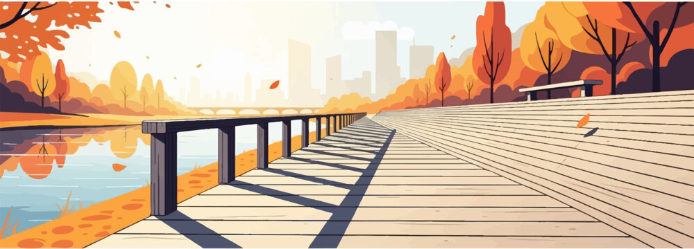 Pixel art autumn riverfront park with wooden boardwalk, colorful trees, falling leaves, and city skyline