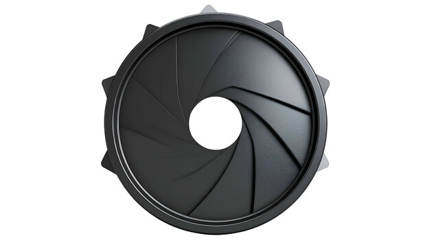 Dark, circular aperture with overlapping blades, isolated against a black background