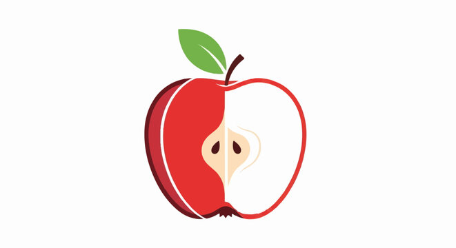 A minimalist illustration of a red apple, half-whole and half-cut to show its internal structure, with a green leaf