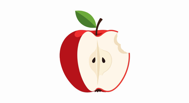 A vibrant red apple, half-eaten, with a crisp bite mark showing the white flesh and dark seeds