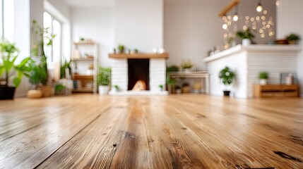 Fototapeta premium Blurred view of a living room featuring a fireplace and an armchair, showing a warm and inviting mood in the evening