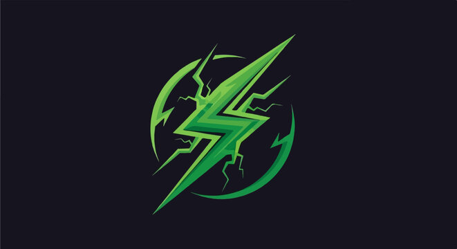 Pixelated green lightning bolt icon with energy lines and a fragmented circle on a dark background