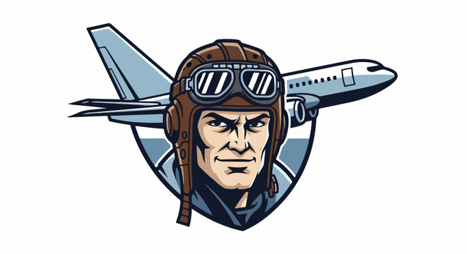 An illustration of a stern male pilot wearing a vintage helmet and goggles, set against a passenger plane