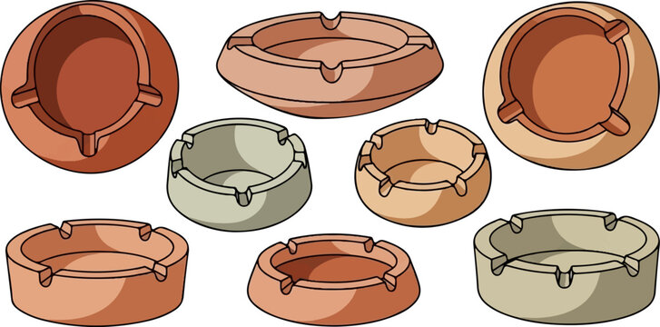 Collection of multiple ashtrays in various shapes, angles, and earthy colors, isolated on white