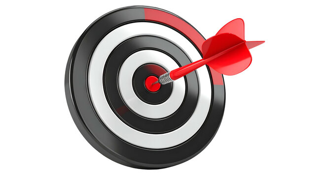3D render of a bullseye target with a red dart perfectly hitting its center