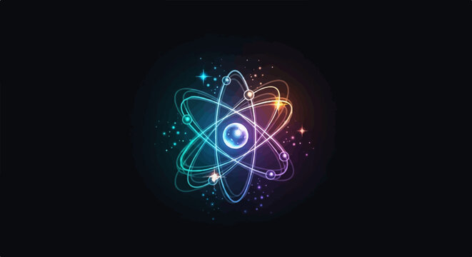 A vibrant, glowing atomic model with electrons orbiting a central nucleus against a dark, cosmic background