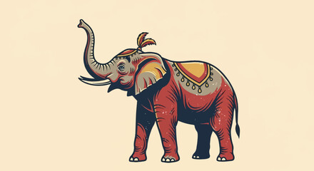 Fototapeta premium Ornate, colorful elephant with trunk raised, wearing a decorative headpiece and saddle, on a plain background