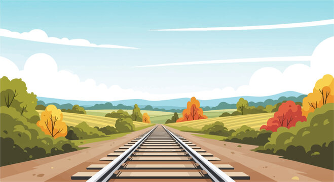 A scenic autumn landscape with a train track stretching into the distance through colorful trees and fields