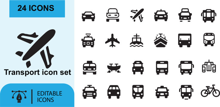 Vector set of black transport vehicle icons including car truck bus train airplane ship taxi van motorcycle and tractor for web and travel symbols illustration