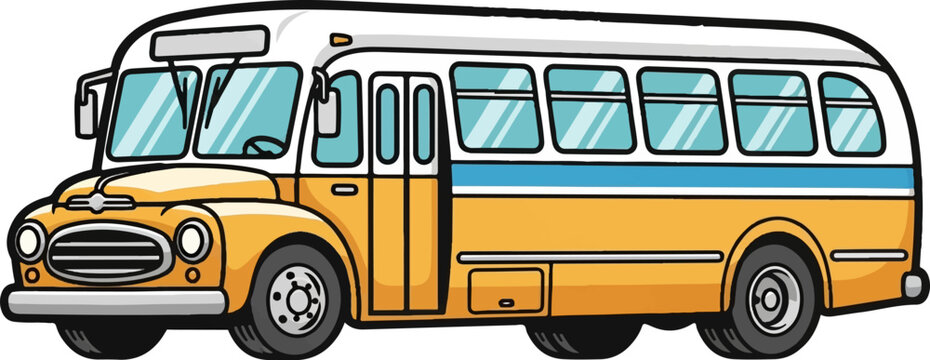 Cartoon-style vintage bus, yellow and white, with blue stripe, featuring large windows and an old design