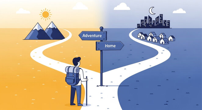 Man standing at crossroads decision.