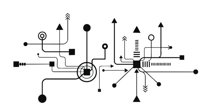 Circuit board, electronic schematic, wiring diagram, black and white vector graphics